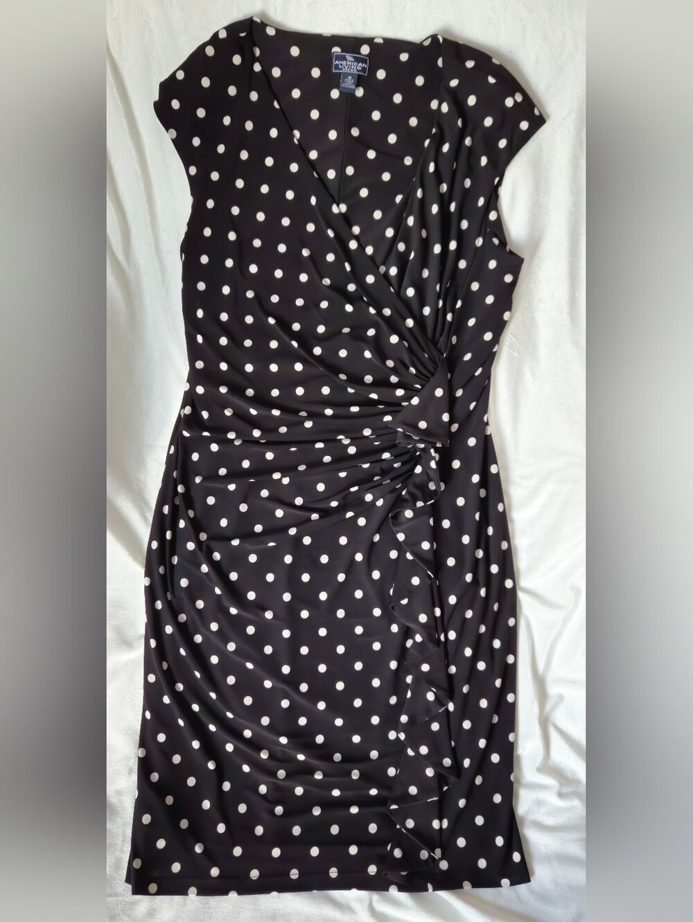 American Living Black/White Polka Dot Side Ruched & Ruffles Midi Dress -Size 16